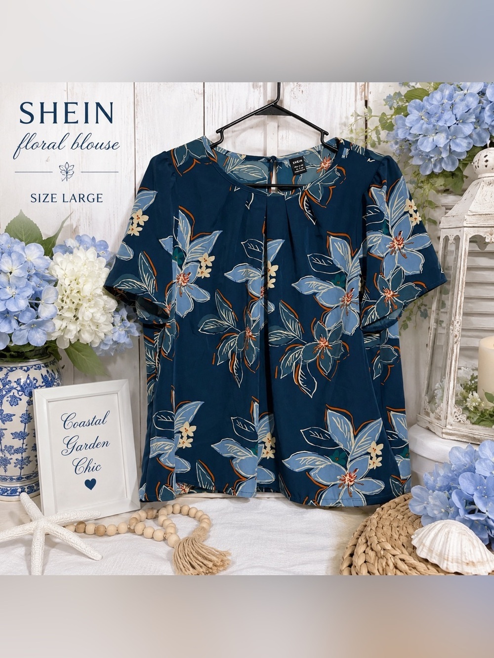 SHEIN Blue Floral Short Sleeve Blouse Women's Large Tropical Floral Top